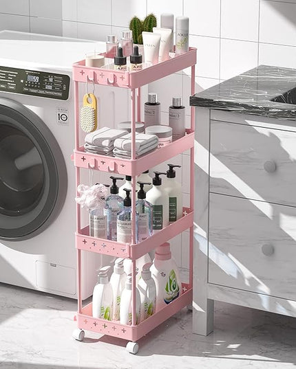 TOOLF 4 Tier Utility Cart with Wheels, Rolling Cart with Adjustable Divider & Hooks, Cart Organizer for Diaper Craft Snack, Narrow Storage Cart for Laundry Bedroom Bathroom Kitchen, Pink - LeafyLoom