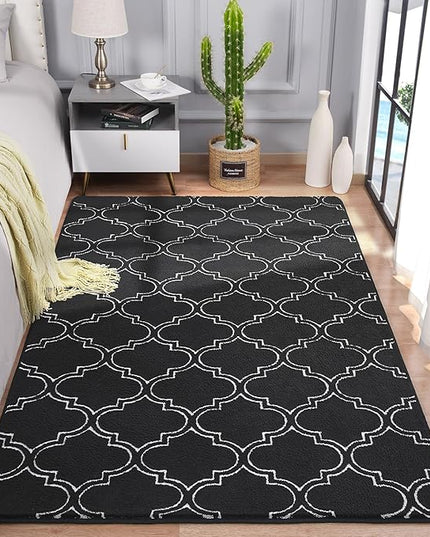 Chicrug Shag Geometric 7x10 Area Rug for Living Room, Large Modern Memory Foam Indoor Carpet, Fluffy Rug for Bedroom Bedside Room Decor for Family Girls Kids Nursery, Black/White - LeafyLoom
