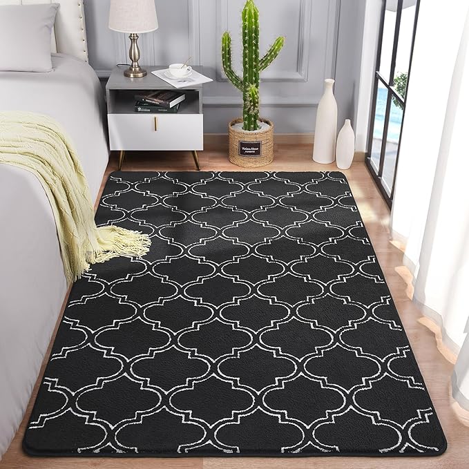 Chicrug Shag Geometric 7x10 Area Rug for Living Room, Large Modern Memory Foam Indoor Carpet, Fluffy Rug for Bedroom Bedside Room Decor for Family Girls Kids Nursery, Black/White - LeafyLoom
