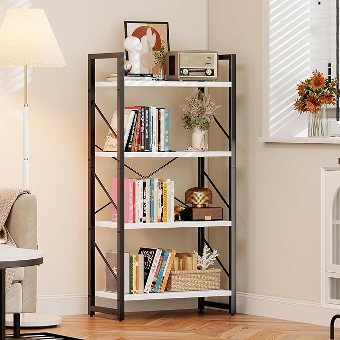 DWVO 4 Tier Bookshelf, Small Book Shelf Modern Bookcase, Narrow Book Case Book Storage Organizer for CD/Movie/Book, Bookshelves for Bedroom Office Living Room, White & Black - LeafyLoom