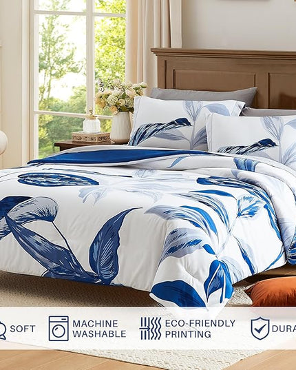 WRENSONGE King Size Comforter Set, 7 Pieces Blue Floral Comforter Set with Sheets for King Size Bed, Leaf Pattern King Bedding Set, Soft Breathable Microfiber Bed in a Bag King for All Seasons - LeafyLoom