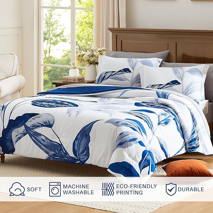 WRENSONGE Queen Comforter Set, 7 Pieces Blue Floral Comforter Set with Sheets for Queen Size Bed, Leaf Pattern Queen Bedding Set, Soft Lightweight Breathable Microfiber Bed in a Bag for All Seasons - LeafyLoom