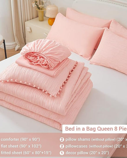 8 Piece Woven Texture Pink Comforter Set Queen, Bed in a Bag Bedding Sets Queen with Comforter and Sheets, Soft Lightweight Comforter Set with Deocor Throw Pillow, Pink - LeafyLoom