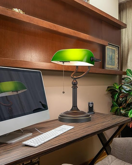 Newrays Antique Green Glass Bankers Desk Lamp with Pull Chain Switch Plug in Fixture - LeafyLoom