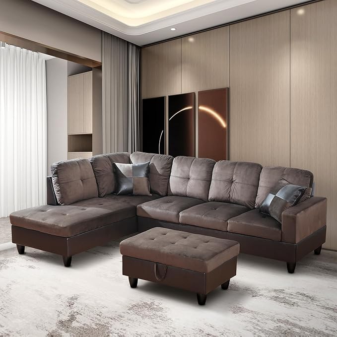 ROOMTEC 3 Piece L Shaped Sectional Sofa Set with Storage Ottoman, Left Facing Chaise Longue, Reversible Backrest w/ 2 Cup Holders, Flannel Tufted Cushions, for Living Room, Dark Brown - LeafyLoom