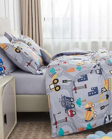Mooreeke Bed in a Bag for Kids Boys Teens, 6 Pieces Twin Size Comforter Bed Set with Shams, Sheet Set and Decorative Toy Pillow, Excavator Super Soft Microfiber Kids Comforter Bedding Set - LeafyLoom