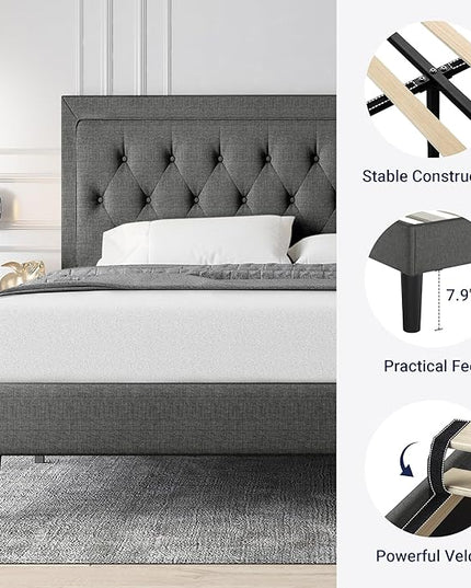 Allewie Full Size Button Tufted Platform Bed Frame/Fabric Upholstered Bed Frame with Adjustable Headboard/Wood Slat Support/Mattress Foundation/Dark Grey (Full) - LeafyLoom