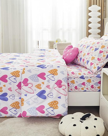 Mooreeke Full Size Comforter Sets for Girls Kids, 8 Pieces Bed in a Bag Pink Heart Bedding Comforter Sheet Set with Shams and Decorative Toy Pillow, Ultral Soft Microfiber Kids Bed Set - LeafyLoom