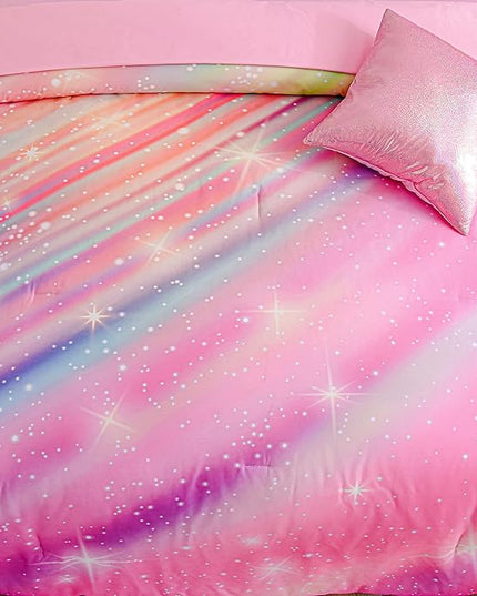 Btargot 6 Pieces Pink Gradient Star Ring Comforter Set for Boys Girls Teens, Twin Size Colorful Glitter Rainbow Star Galaxy Bedding Set - LeafyLoom