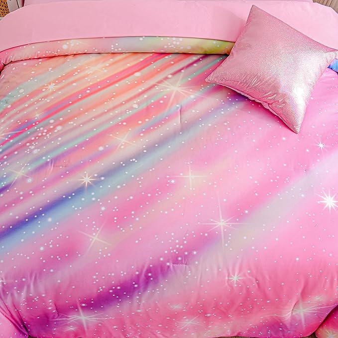 Btargot 6 Pieces Pink Gradient Star Ring Comforter Set for Boys Girls Teens, Twin Size Colorful Glitter Rainbow Star Galaxy Bedding Set - LeafyLoom