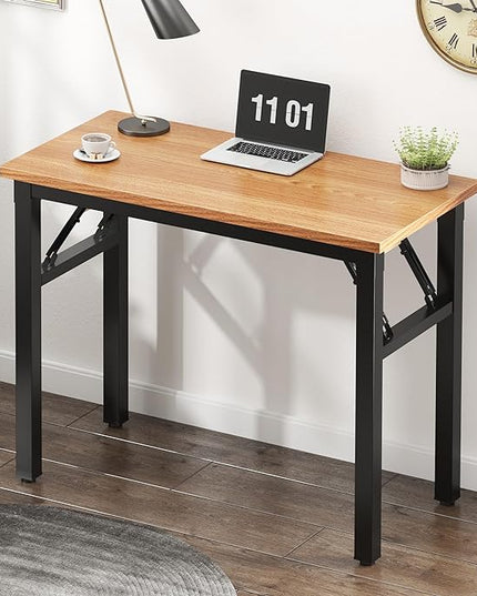 Need Small Computer Desk 31.5 inches Folding Table No Assembly Sturdy Small Writing Desk Folding Desk for Small Spaces, Teak Color Desktop and Black Steel Frame - LeafyLoom