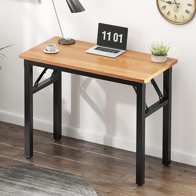 Need Small Computer Desk 31.5 inches Folding Table No Assembly Sturdy Small Writing Desk Folding Desk for Small Spaces, Teak Color Desktop and Black Steel Frame - LeafyLoom