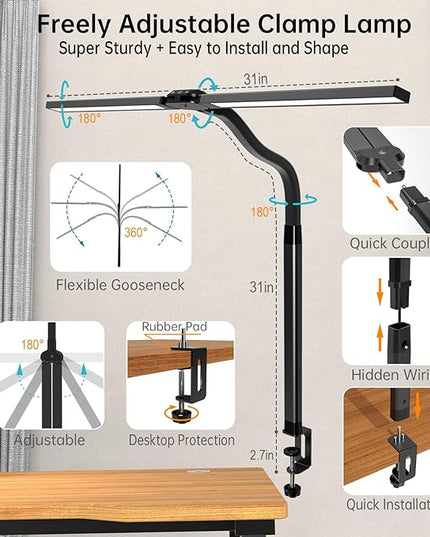 LED Desk Lamp for Home Office, Bright Adjustable Gooseneck Architect Desk Lamp with Clamp, Smart Dimmable Computer Desk Lamp with Remote & Sensor, Clip Table Light for Work Study Reading, 24W - LeafyLoom