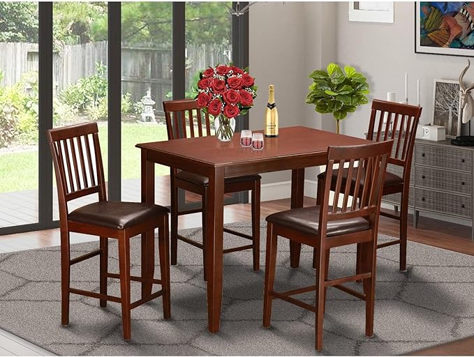 East West Furniture BUVN5-MAH-LC Buckland 5 Piece Counter Height Pub Set Includes a Rectangle Table and 4 Faux Leather Dining Room Chairs, 30x48 Inch, Mahogany - LeafyLoom