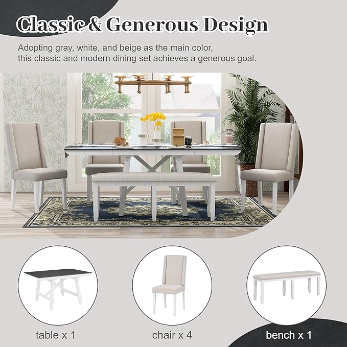78Inch Dining Table Set for 6, Rectangular Extendable Dining Table with two 12" W Removable Leaves and 4 Upholstered Chairs & 1 Bench for Dining Room, Grey+White - LeafyLoom