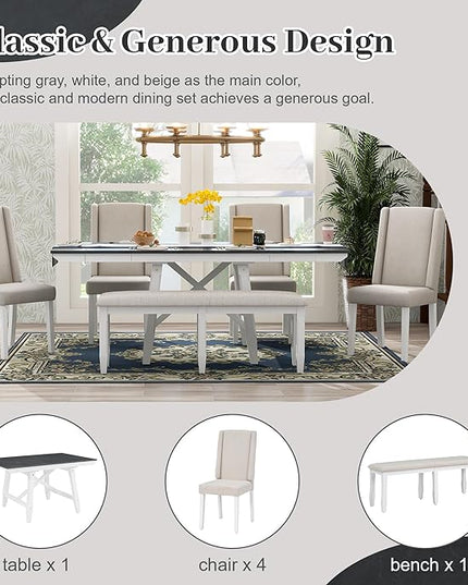 Classic Dining Table Set for 6 with 78' Extendable Rectangular Tabletop with Two 12" W Removable Leaves and 4 Upholstered Chairs & 1 Bench for Kitchen Living Room, Gray+White - LeafyLoom