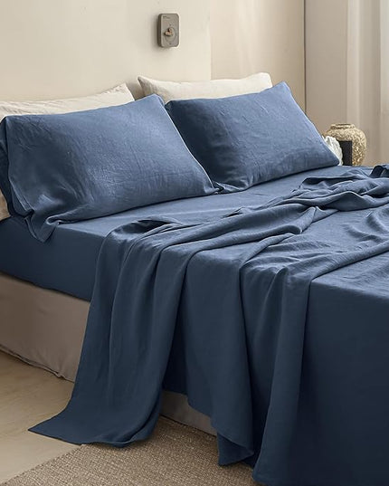 Simple&Opulence 100% Linen Sheet Set Solid Color-3 Pcs Washed French Linen Bed Sheets-Breathable Bedding Set-1 Flat Sheet,1 Fitted Sheet,1 Pillowcase (Twin,Blue) - LeafyLoom