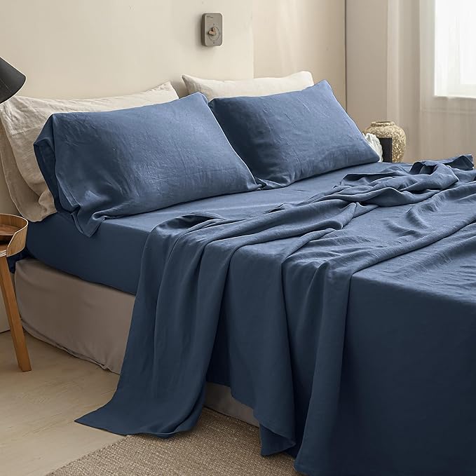 Simple&Opulence 100% Linen Sheet Set Solid Color-4 Pcs Washed French Linen Bed Sheets-Breathable Bedding Set-1 Flat Sheet,1 Fitted Sheet,2 Pillowcases (Full,Blue) - LeafyLoom
