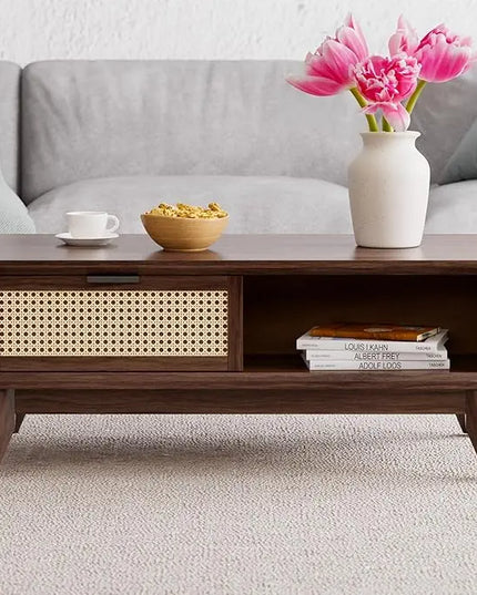 Bme Modern Solid Wood Coffee Table with Storage, Accent Rattan Design, Perfect for Living Room, Walnut, Medium - LeafyLoom