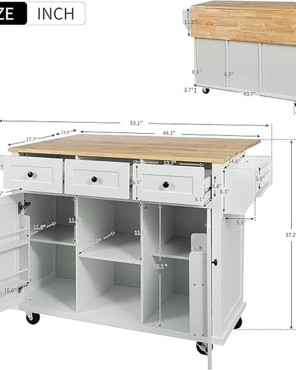 Kitchen Island with Storage on Wheels,Rolling Kitchen Island Cart w/Drop Leaf Countertop,Portable Rolling Cart with 3 Drawers&Tower Rack for Kitchen Dinning Room - LeafyLoom