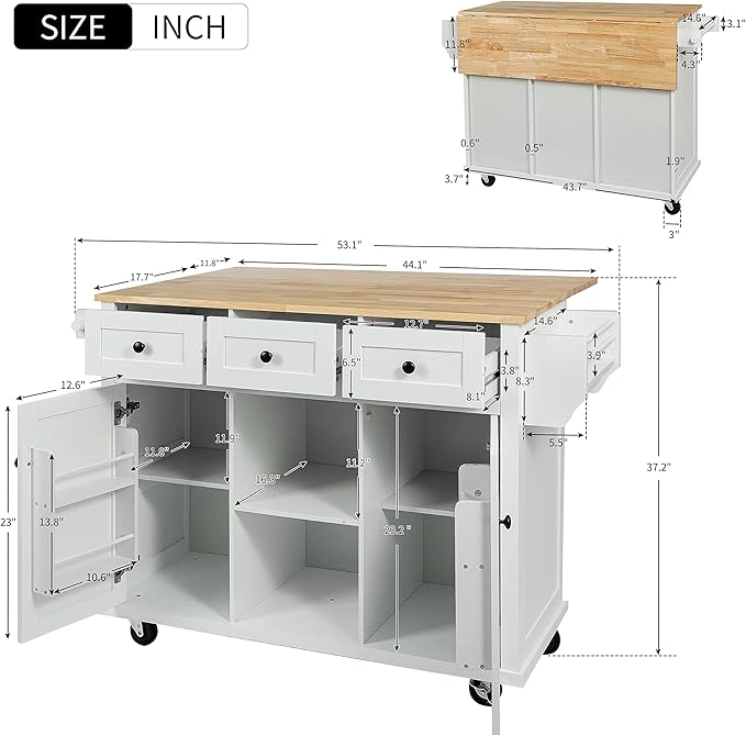 Kitchen Island with Storage on Wheels,Rolling Kitchen Island Cart w/Drop Leaf Countertop,Portable Rolling Cart with 3 Drawers&Tower Rack for Kitchen Dinning Room - LeafyLoom