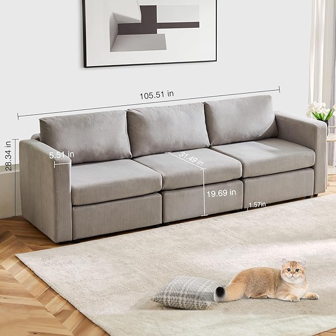 Sweetcrispy Convertible Modular Sectional Sofa, 3 Seat Sectional Couches for Living Room, Basic Shape Modern Fabric Modular Sofa Sleeper with Double Chaise for Home, Apartment, Dorm, Grey - LeafyLoom