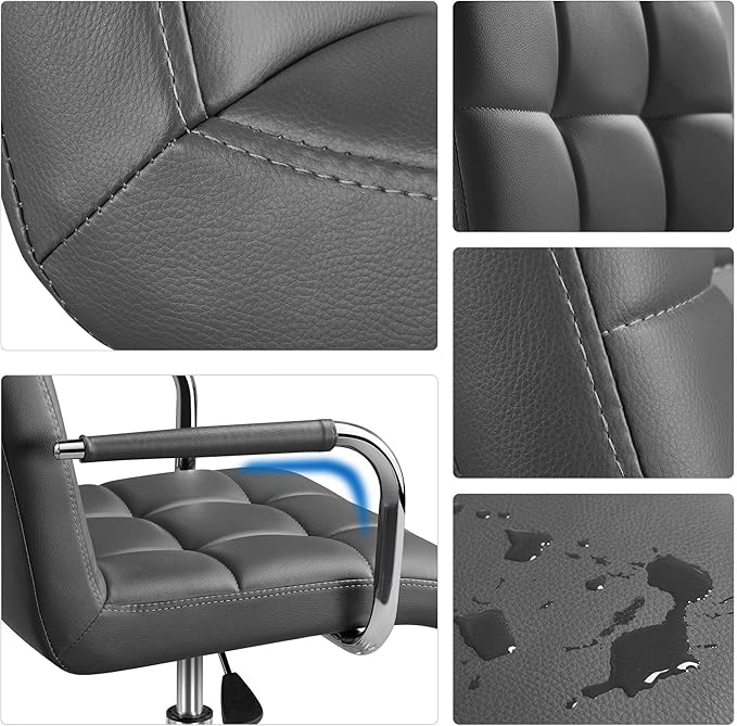 Yaheetech Mid Back Desk Chair, PU Leather Office Task Chair with Armrests/Large Seat, Adjustable Chair with Wheels, Grey - LeafyLoom