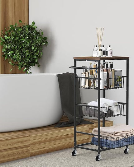 Kitchen Storage Cart on Wheels 4 Tier Utility Rolling Cart with Baskets Farmhouse Serving Cart with Handle Mesh Basket Pantry Cart Rack with Wooden Tabletop for Pantry Bathroom Office, Brown - LeafyLoom