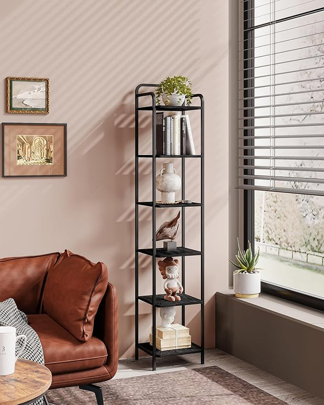 Bookcase Bookshelf, Narrow Book Shelf, Industrial Coner Shelf Storage Organizer, Slim Shelving Unit for Home Office, Living Room, Bedroom, Kitchen, 6-Tier Black BC24604B - LeafyLoom
