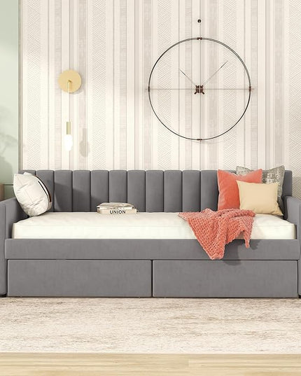 Velvet Upholstered Twin Daybed with Two Storage Drawers, Solid Wooden Sofa Bed Frame w/Vertical Stripes Designed Backrest and Pine Legs, Space-Saving Design, Gray - LeafyLoom