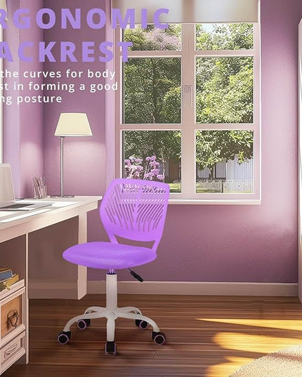 FurnitureR Teens Girls Task Chair 360 Swivel, Low Mid PP Mesh Back Fabric Seat, Height Adjustable, Rolling Castor, W15.7inces x D15.2inces x H29.5-34.2inches (Purple) - LeafyLoom