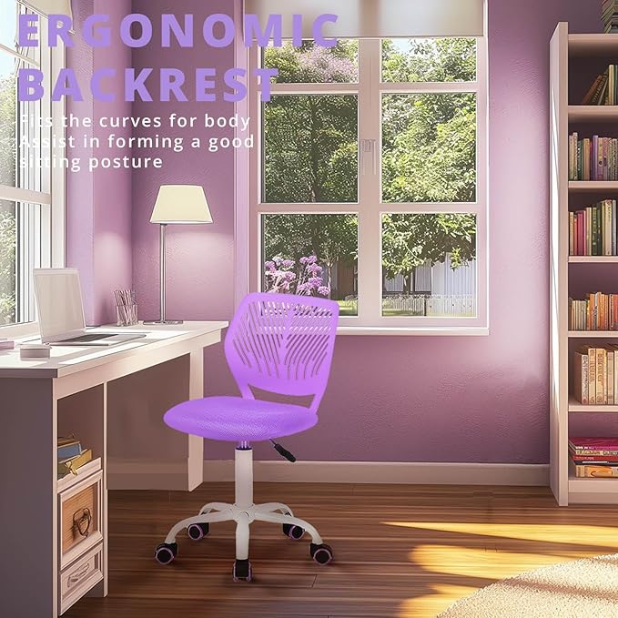 FurnitureR Teens Girls Task Chair 360 Swivel, Low Mid PP Mesh Back Fabric Seat, Height Adjustable, Rolling Castor, W15.7inces x D15.2inces x H29.5-34.2inches (Purple) - LeafyLoom