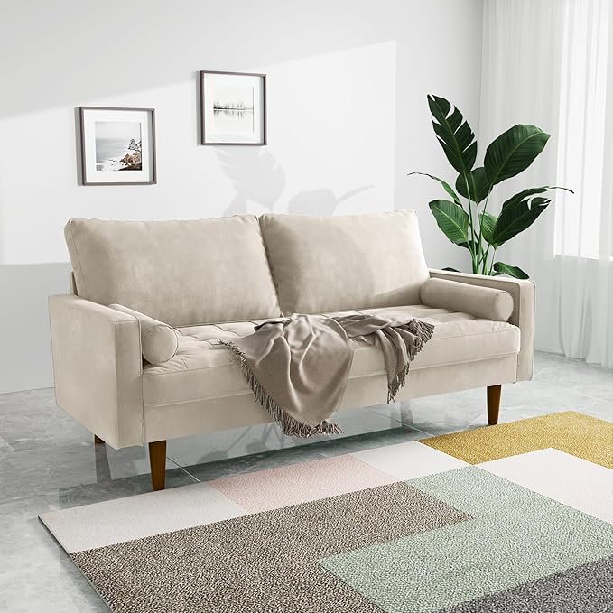 Velvet Furniture for Small Spaces, Mid-Century Modern Loveseats for Living Room, Love Seat Couch Sofas, 70 Inches, Beige - LeafyLoom