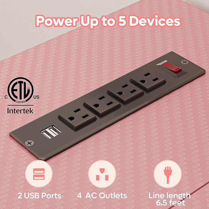 Bestier Gaming Desk with Power Outlets,42 LED Small Corner Computer Desk with Reversible Storage Shelves,L Shaped Desk with Hooks Workstation Desk for Office and Bedroom,Pink Carbon Fiber - LeafyLoom
