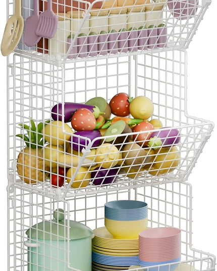 3 Tier Rolling Wire Toy Organizer Basket - with Wheel, S-Hooks, Toy Storage Cart Wall Bookshelf for Kids Room, Playroom, Bedroom (White, Standard) - LeafyLoom