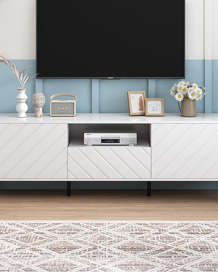 Merax Modern TV Stand for 70" Television, Entertainment Center with Adjustable Shelves, 1 Drawer, Open Shelf and Metal Feet, Media Console Table, for Living Room, 66.9 inch Length, White - LeafyLoom