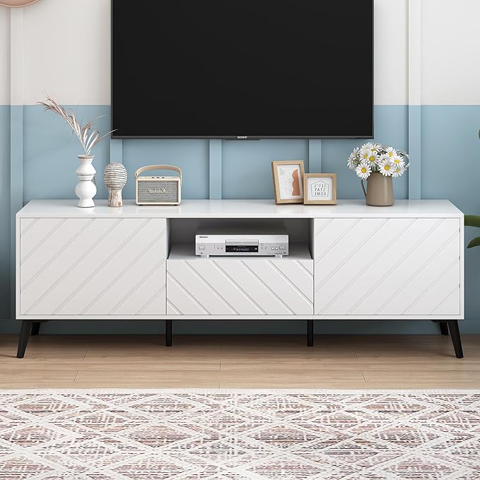 Merax Modern TV Stand for 70" Television, Entertainment Center with Adjustable Shelves, 1 Drawer, Open Shelf and Metal Feet, Media Console Table, for Living Room, 66.9 inch Length, White - LeafyLoom