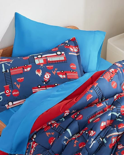 SLEEP ZONE Kids Bedding Comforter Set Full/Queen Size - 7 Pieces Super Cute & Soft Bedding Sets & Collections with Comforter, Sheet, Pillowcase & Sham - Fade Resistant Easy Care (Fire Truck) - LeafyLoom