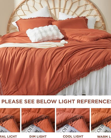 Litanika Terracotta Comforter Full Size, Boho Tassel Burnt Orange Comforter 3 Pieces, Rust Lightweight Fringe Bedding Set for All Season(1 Comforter 79x90 inch, 2 Pillowcases) - LeafyLoom