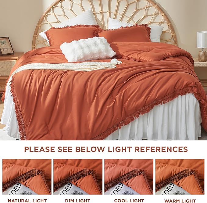 Litanika Terracotta Comforter Full Size, Boho Tassel Burnt Orange Comforter 3 Pieces, Rust Lightweight Fringe Bedding Set for All Season(1 Comforter 79x90 inch, 2 Pillowcases) - LeafyLoom