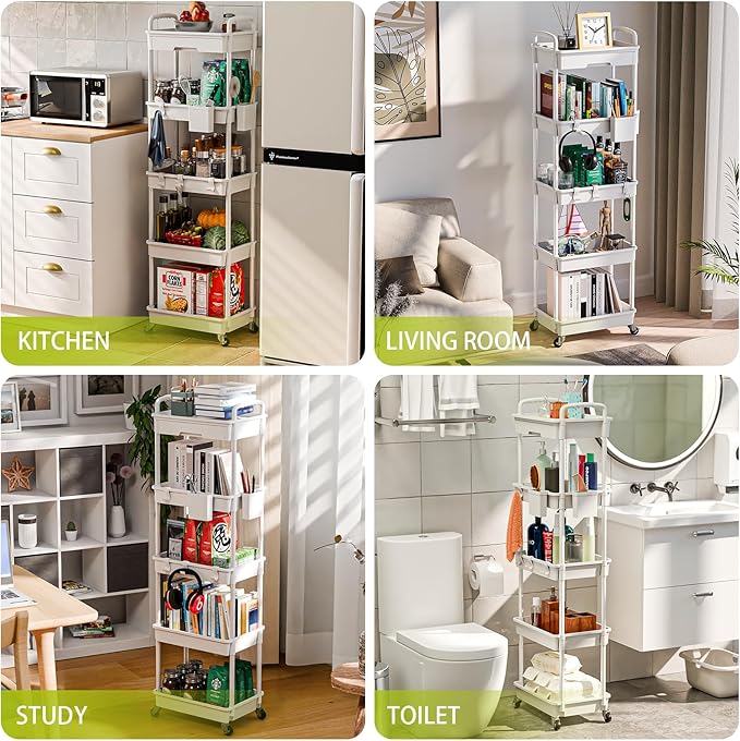 5 Tier Small Rolling Cart Organizer,Bathroom Cart Organizers with Wheels Laundry Room Organization Mobile Shelving Unit Utility Cart Storage Shelves Multi-Functional for Office, Home(White) - LeafyLoom