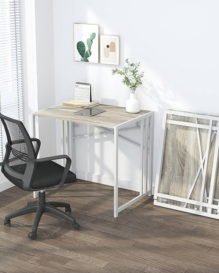 Small Folding Desk 32 inch, No Assembly Required Small Office Desk, Writing Gaming Computer Camping Desk, Beige - LeafyLoom