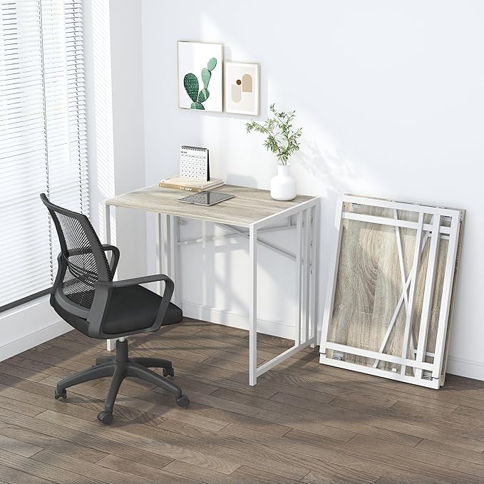 Small Folding Desk 32 inch, No Assembly Required Small Office Desk, Writing Gaming Computer Camping Desk, Beige - LeafyLoom