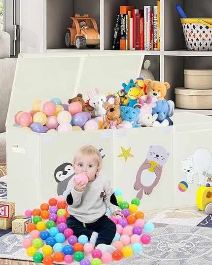 Large Toy Box Storage Chest,Sturdy Toys Storage Organizer Bin Basket with Dividers and Lids for Toddlers,Boys,Girls,Nursery,Closet,Living Room Area,Playroom(Beige Animals) - LeafyLoom