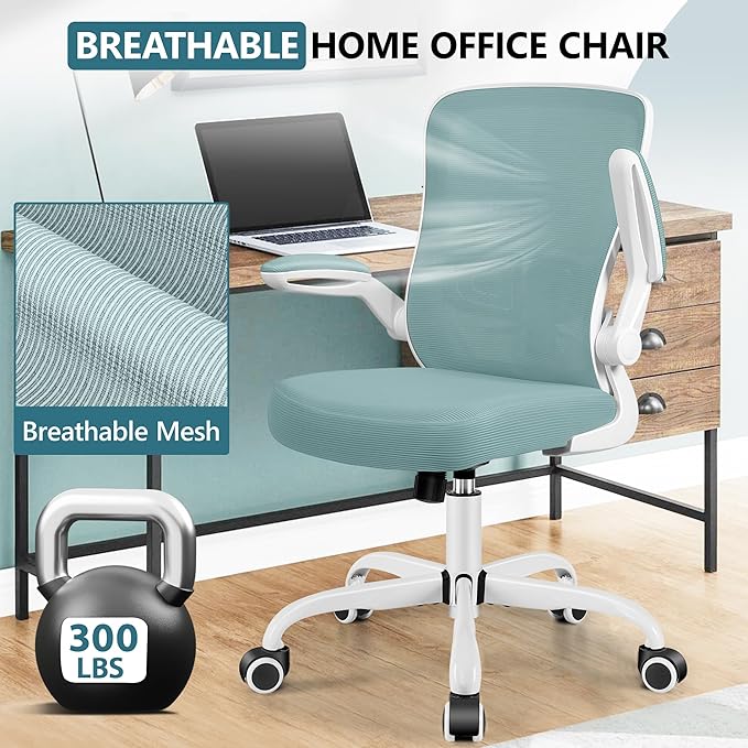 MINLOVE Office Chair Ergonomic Desk Chair with Adjustable Lumbar Support and Height, 90° Flip-up Armrests, Ergo Desk Chairs with Wheels, 360° Swivel Mesh Chair, Home Work Use (Light Blue) - LeafyLoom