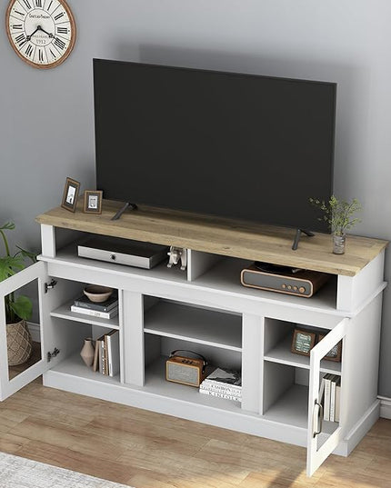 58 Inch TV Stand, Television Stands with 2 Tempered Glass Doors, Storage Cabinet and Shelves, Entertainment Center for Living Room, White+Wood - LeafyLoom