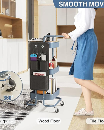 DTK 3 Tier Metal Utility Rolling Cart with Table Top and Side Bags, Metal Tray Storage Organizer Cart with Wheels, Art Craft Cart with 4 Hooks for Kitchen Bathroom Office Living Room (Blue) - LeafyLoom
