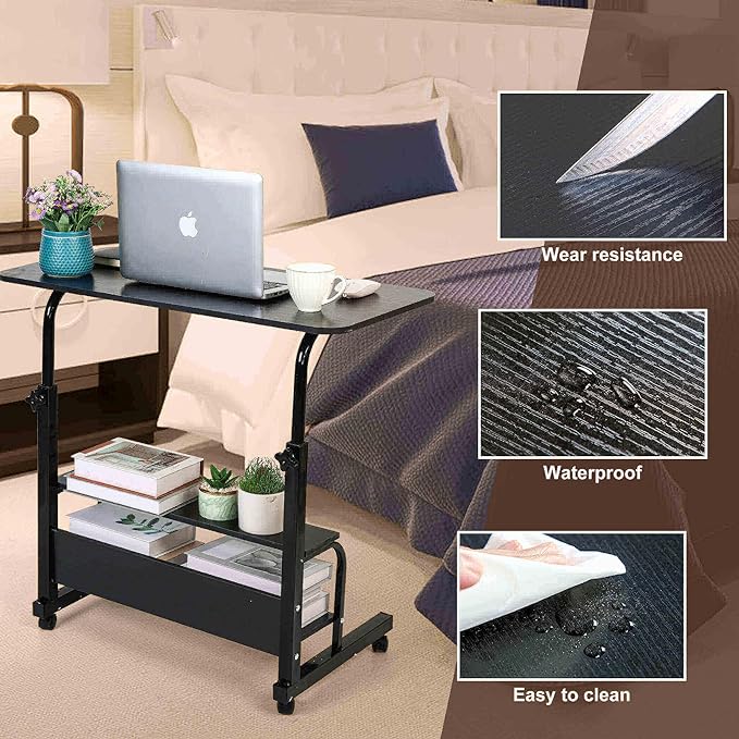 Adjustable Height Mobile Computer Desk for Small Space Rolling Desk with Wheels Desk Home Office Study Desk Portable for Bedrooms Work Desk Size 31.5x15.7 Inch Black with Storage Gaming Table B - LeafyLoom