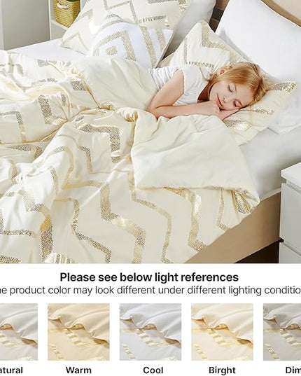 Codi Cream White and Gold Comforter Set for Full/Queen Size Bed, Cute Metallic Ivory Bed Sets, 4 Piece (2 Matching Shams + 1 Decorative Pillow) - LeafyLoom