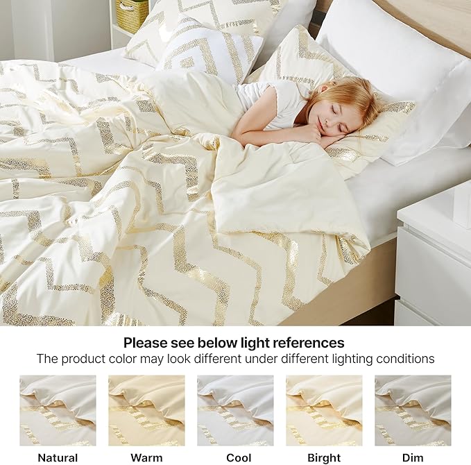 Codi Cream White and Gold Comforter Set for Full/Queen Size Bed, Cute Metallic Ivory Bed Sets, 4 Piece (2 Matching Shams + 1 Decorative Pillow) - LeafyLoom